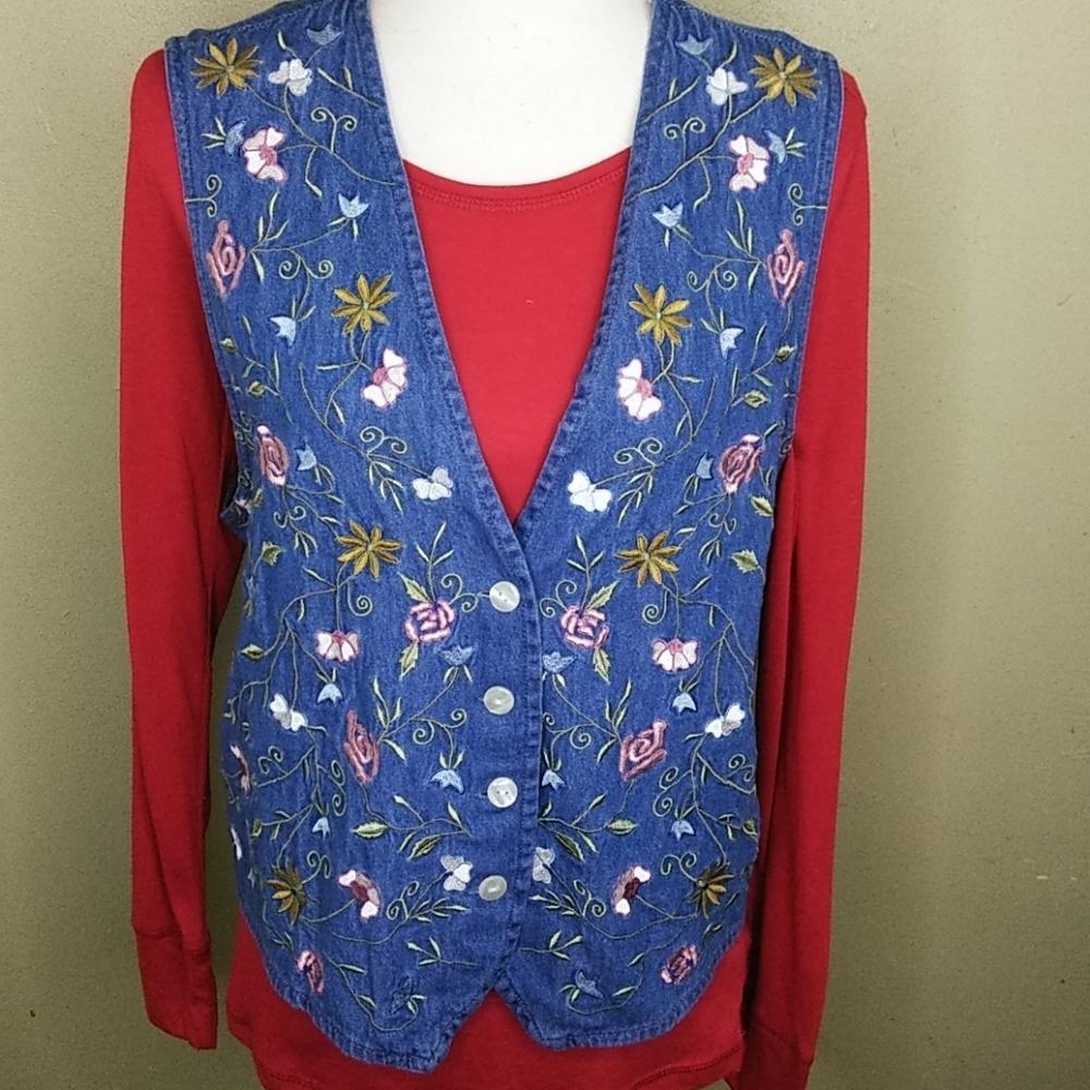 Vintage Stonybrook  Embroidered Denim Vest - M - NWOT